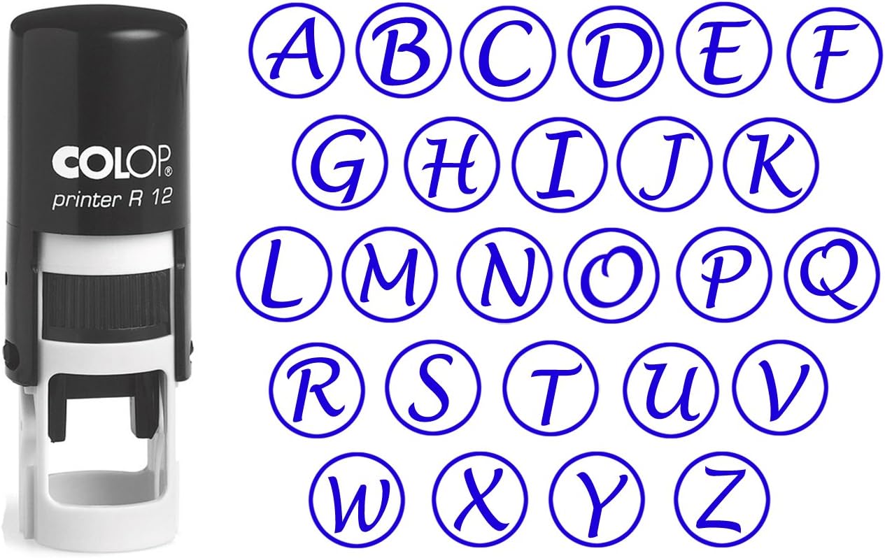 Custom A-Z Alphabet Stamp in Blue Ink Monogram Round Rubber Stamp Self Inking Initial Stamp COLOP Mini Stamper 12 mm