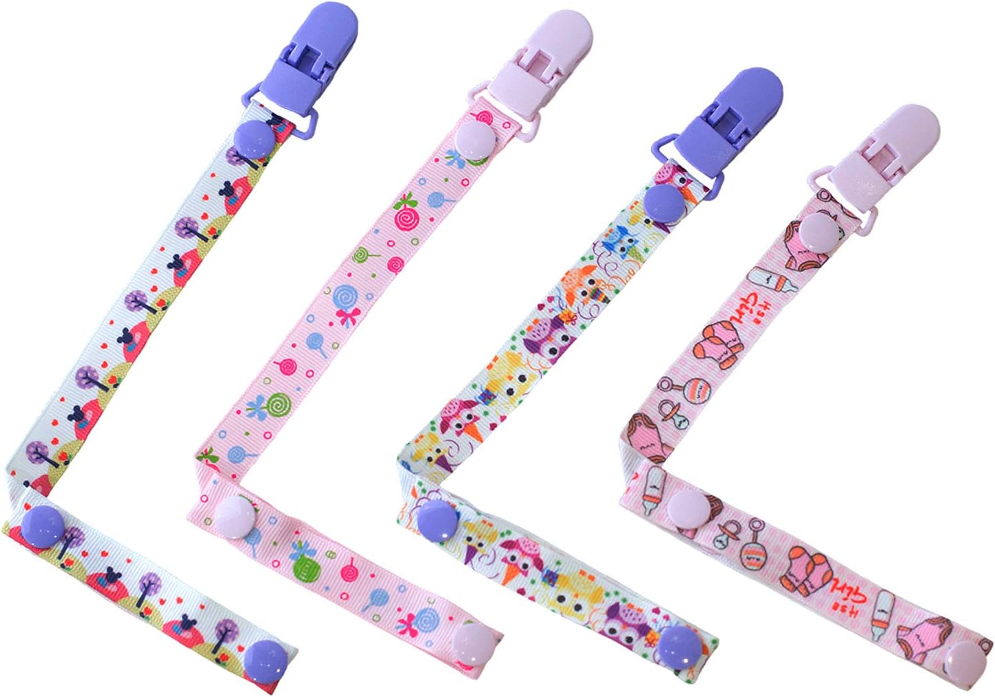 4 Pack Baby Dummy Clip Pacifier Strap Holder, JM Baby Multicoloured Soother Clip Chain with Washable Soother Leash for Unisex Newborn Girls