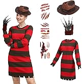 GOBWCOT Halloween Costume Women Green And Red Striped Sweater Dress Hat Gloves Tattoo Horror Movie Nightmare Killer