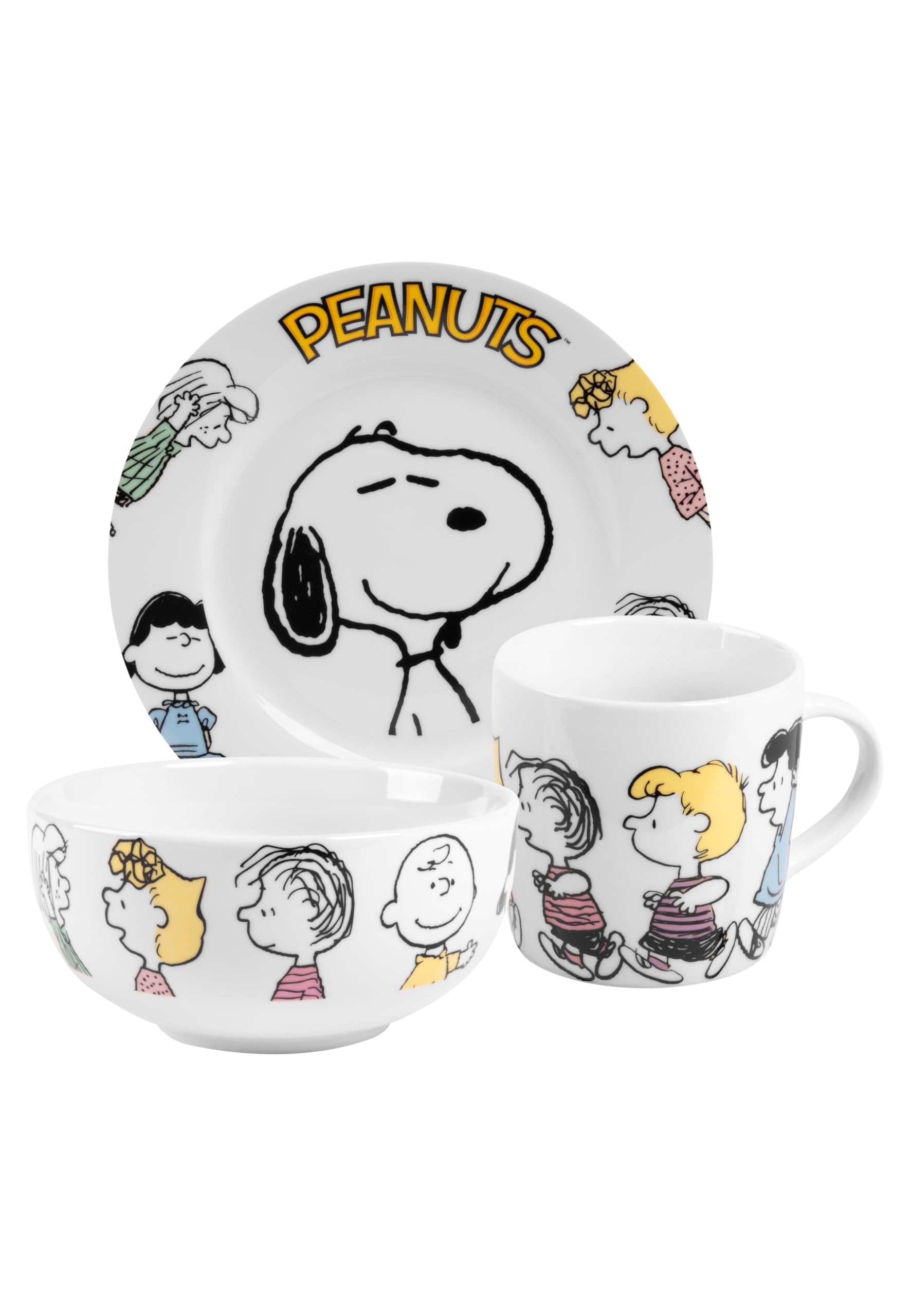The Peanuts Snoopy Family Breakfast Set, 3-Piece Crockery Set, Plate, Bowl & Cup, Porcelain White