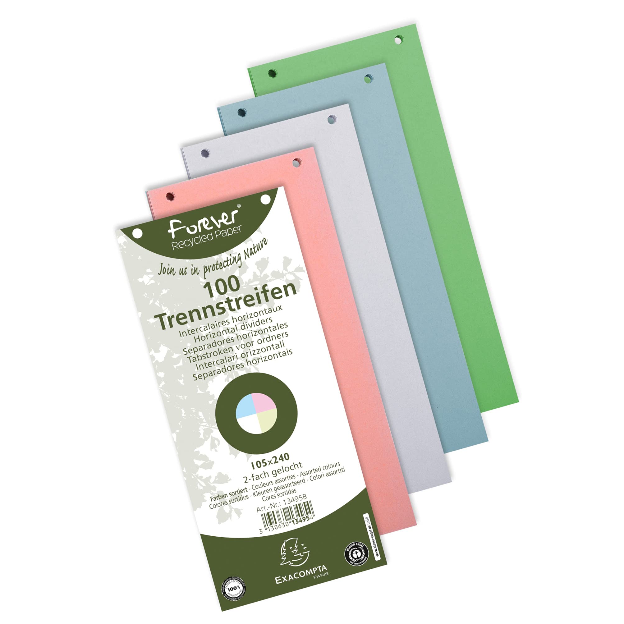 Exacompta - Ref 13495B - Forever Collection - Recycled Punched Card Dividers - 105 x 240mm, Pre-Punched for Folders or Files, Plain Recycled 180gsm Card - Assorted colours (100 Pack)