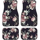 LONSANT Floral Car Floor Mats Set, Seamless Floral Pattern with Roses Watercolor Vehicle Front Rear Carpets Mats, Universal Car Rugs, Dark Vintage Flowers Print Auto Car Accessory