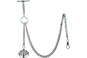 WATCHVSHOP Albert Chain Pocket Silver Color Watch Chains for Men - 2 Ways Usage on Vests & Trousers or Jeans with Life Tree Design Fob T Bar ACT12