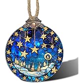 AMDERVEN Stained Glass Christmas Decorations, Blue Starry Winter Snow Scene Suncatcher for Window Christmas Tree Hanging Ornaments Star Sun Catcher Xmas Decor Gifts for Women Men Mom Nana Friend