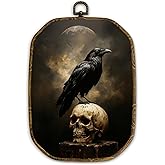Yjeslw Vintage Gothic Skull Crow Octagon Wall Art Decor, Dark Academia Raven Framed Canvas Prints, Goth Moody Spooky Bird Wall Hanging Decorations for Home Bedroom Living Room Decor, 10.2x7 Inches