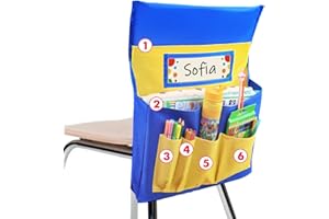 AUVCAS VNOM Chair Back Pocket School Seat Chair Storage Pocket Organizer with Label Slot Multiple Pockets for School Home Classroom Preschool Daycare (Yellow+Blue)