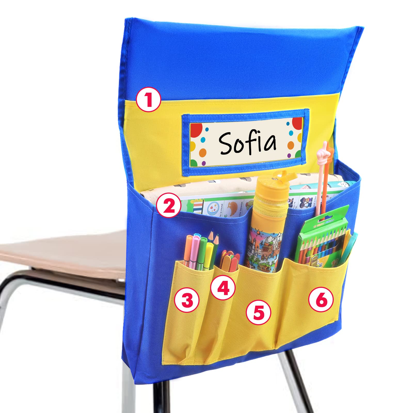 Photo 1 of VNOM Chair Back Pocket School Seat Chair Storage Pocket Organizer with Label Slot Multiple Pockets for School Home Classroom Preschool Daycare (Yellow+Blue)