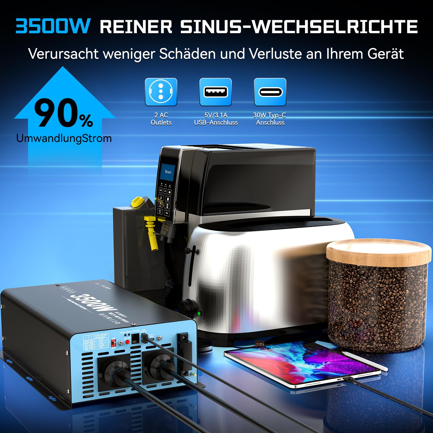 OLTEANP 3500W/7000W Wechselrichter 12V auf 230V Reiner Sinus Spannungswandler Power Inverter mit 2 AC Steckdosen,Type-C&USB Anschlüsse,LCD-Bildschirm-Fernbedienung,Für Wohnmobil Wohnwagen 6