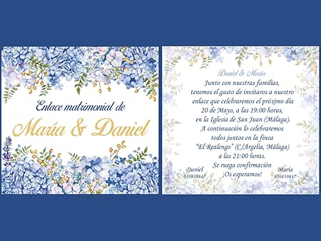 Pack 250 Unidades Invitaciones De Boda 100 Personalizado Flores Azules Fondo Blanco Medidas 15 Cm X 15 Cm Papel Opalina Impresiones De Alta Calidad Amazon Es Hogar