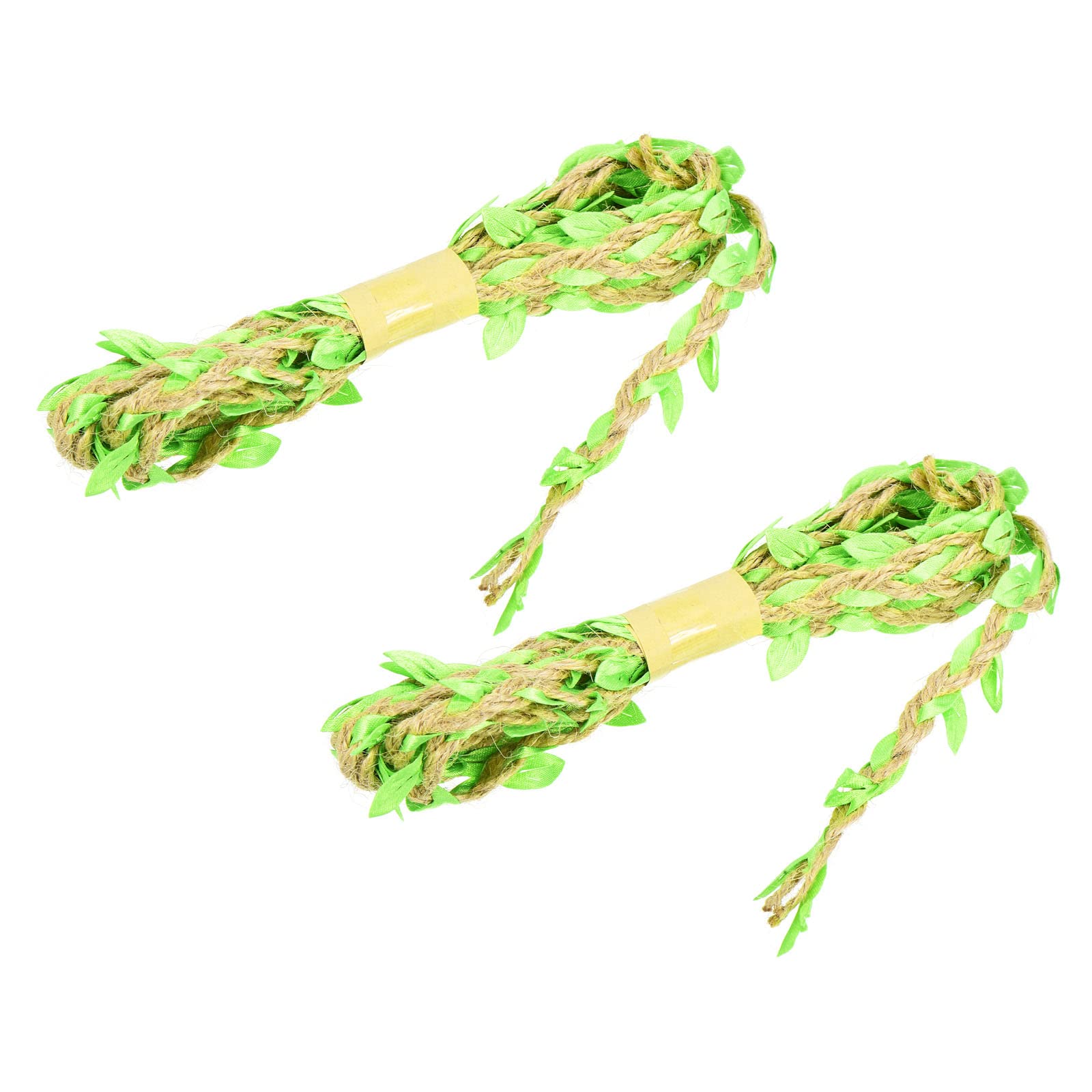 PATIKIL 6.6ft 5mm Burlap Leaf Ribbon, 2 Pack Braided Decoration Vine Natural Jute Rope Twine with Artificial Leaves for Jungle Wedding Party Home Garden Decor, Fluorescent Green