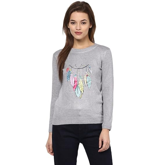 Women's Fashion Stretchy Round Neck Grey Long Sleeve Pullovers Sweaters Top