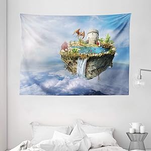Ambesonne Fantasy Tapestry, Island with Dragon Castle Tower Waterfall and Flipped Mountain in Space Image, Wide Wall Hanging for Bedroom Living Room Dorm, 80