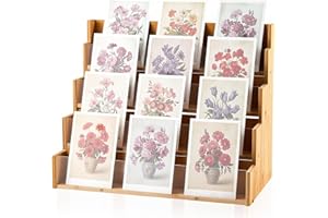 Yuntau 4 Tier Greeting Card Display Stand Wood Color Bamboo and Acrylic Sticker Display Stand Trading Card Holder Retail Photos Shelf for Vendors Craft Collection & Show