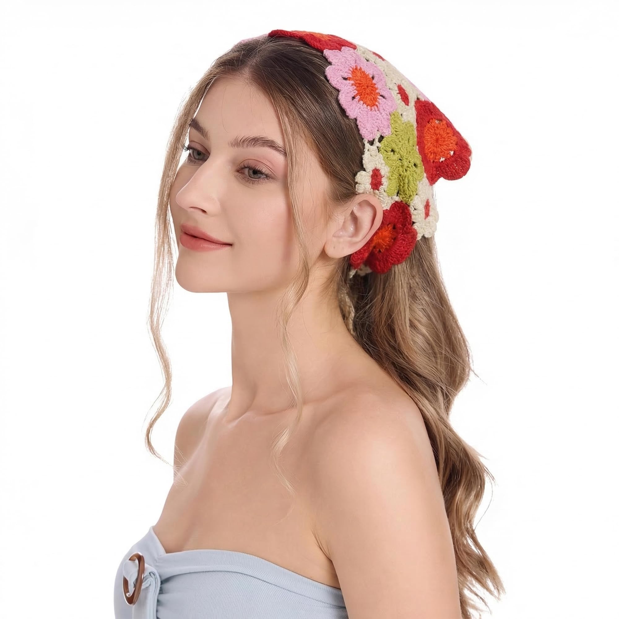 ZLYC Women Cotton Triangle Headband Crochet Hair Bandanas Handmade Kint Turban(Floral Red),One Size