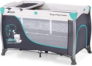 Hauck Sleep N Play Center 3, Reisebett 7-teilig ab Geburt bis 15 kg, faltbar und kippsicher, Neugeborenen Einhang, Wickelauflage, seitlicher Ausstieg, Netztasche, Räder, Transporttasche, türkis