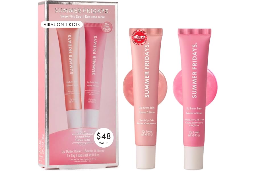 Summer Fridays Tinted Lip Butter Balm Sweet Pink Duo Gift Set (2 Ct) | Includes Strawberry Soft Serve & Birthday Cake, Hydrating Lip Balm & Overnight Lip Mask with Shea Butter