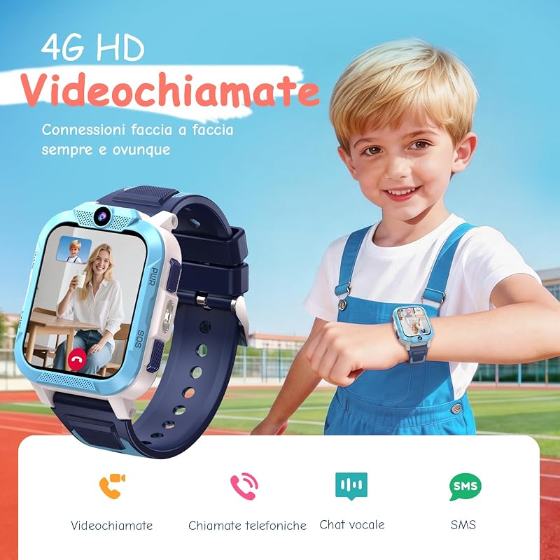Smartwatch Bambini 4G con Videochiamata HD, 1.85" Orologio Telefono Bambini con GPS, WiFi e LBS, SOS, Batteria 850mAh, Modalità Scuola, Contapassi, Sveglia, IP68 Impermeabile, 5-12 Anni, Blu — foto 2 di 8