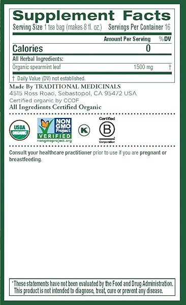 TRADITIONAL MEDICINALS ORGANIC, SPEARMINT TEA – SUPPORTS EVERYDAY WELLNESS, HEALTHY & REFRESHING – KOSHER, NON-GMO, CAFFEINE-FREE, COMPOSTABLE – 16 TEA BAGS