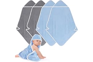 UNIMADE Hooded Towel for Newborns, 4 Pack Soft Coral Fleece Baby Towels, Ultra Absorbent Bath Cloths Bulk for Infants, Toddlers, Newborn Essential- 30 x 30 inch - Grey & Blue