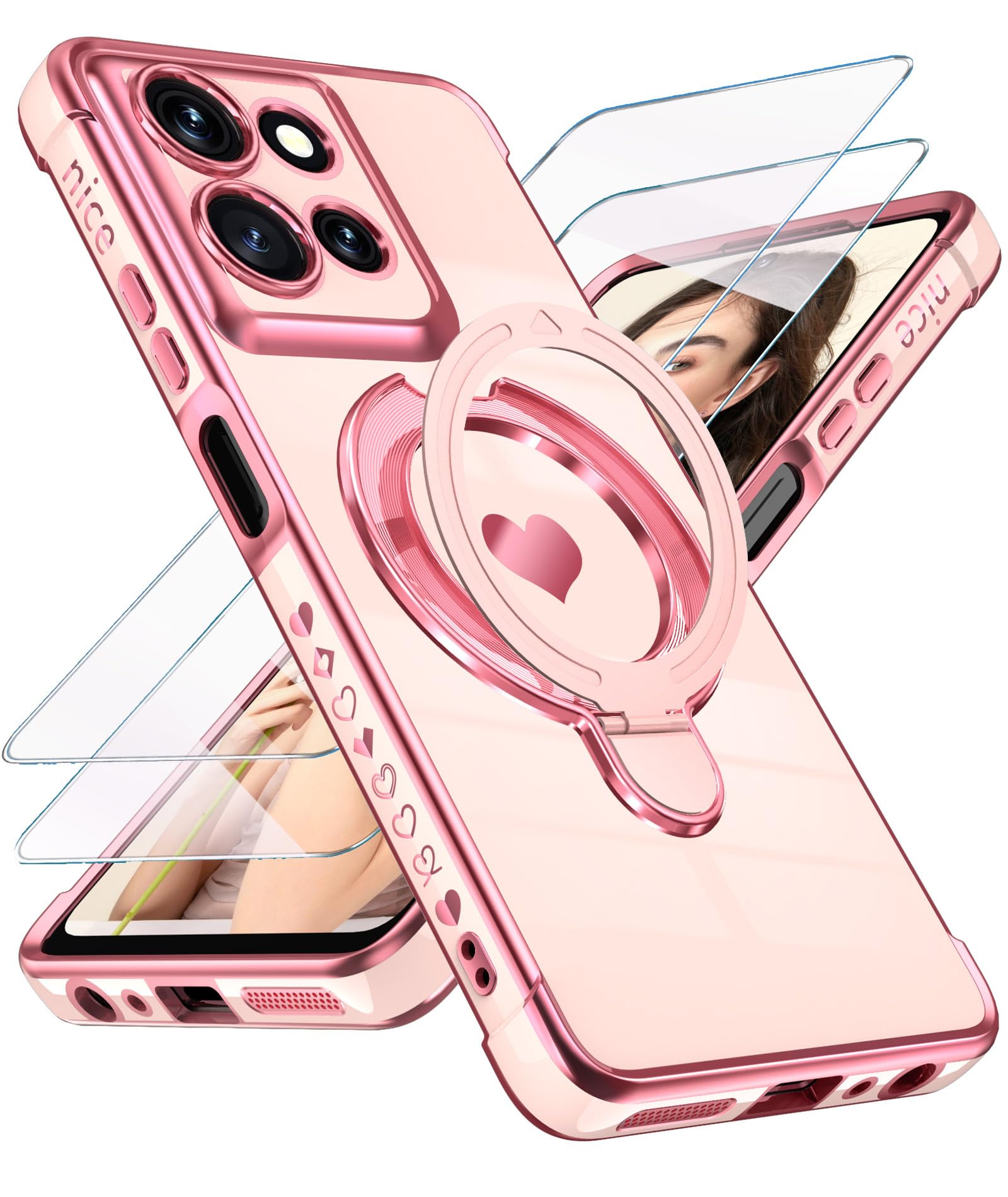 Liufcx for Motorola Moto G 2026 Love Heart Kickstand Phone Case with Screen Protector: Luxury Plated Gold Edge Slim Soft TPU Full Camera Shockproof Protection Cover for Moto G Play 2026 (Pink)