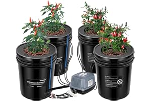VIVOSUN DWC Hydroponics Grow System with Top Drip Kit, 5-Gallon Deep Water Culture, Recirculating Drip Garden System with Multi-Purpose Air Hose, Air Pump, and Air Stone (4 Buckets + Top Drip Kit)