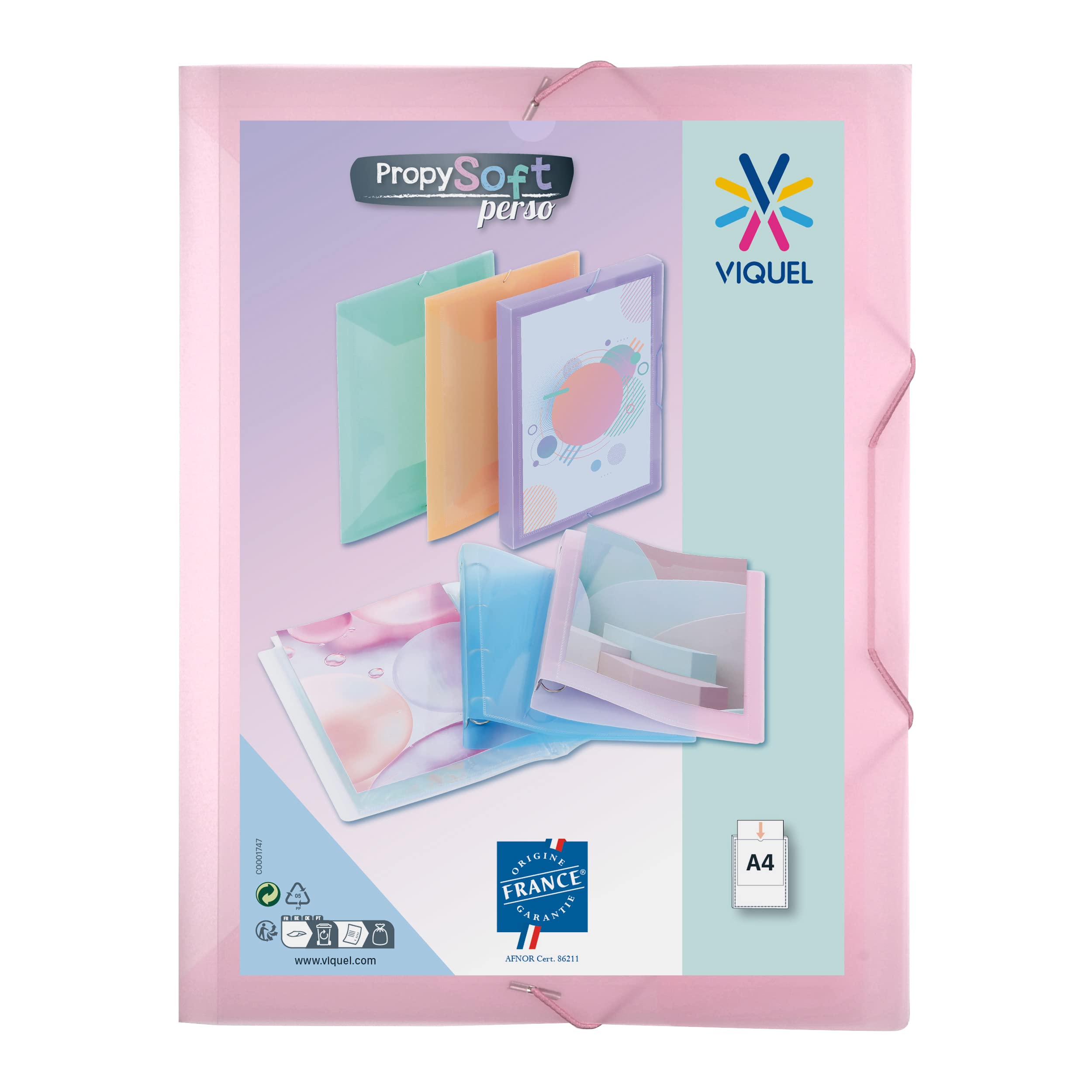 Viquel - A4 Plastic Folder with Flap and Elastic Closure - Customisable Plastic Folder - Made in France - Pastel Pink