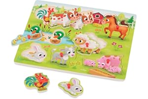 B. toys – Peek & Explore – Farm Animals – Wooden Peg Puzzle – Farm Puzzle for Toddlers, Kids – 8 Farm Animal Pieces – Cow, Horse, Sheep & More – 2+ Years