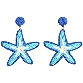 Starfish Earrings Handmade Raffia Starfish Earrings for Women Blue Sea Star Dangle Drop Earring Summer Beach Vacation Style Jewelry