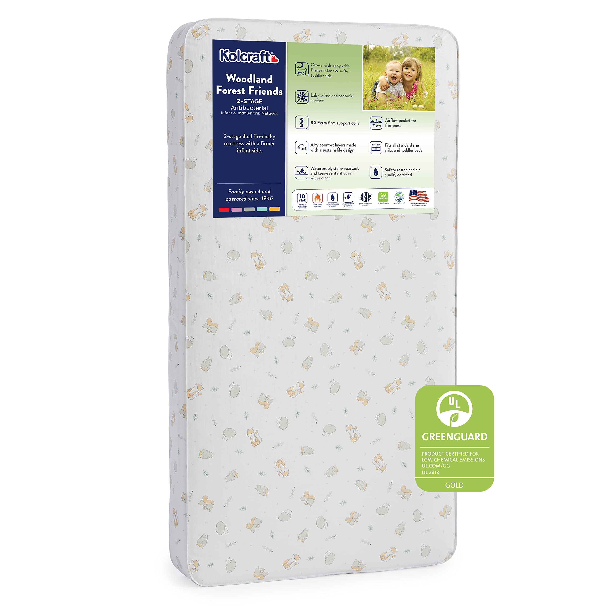 Kolcraft BabyPedic Antibacterial 2 Stage Waterproof Crib Mattress plus Toddler Bed Fit, Premium Extra Firm Supportive Coils, GREENGUARD Gold Certified, Safety & Quality Tested, Made in USA, 52