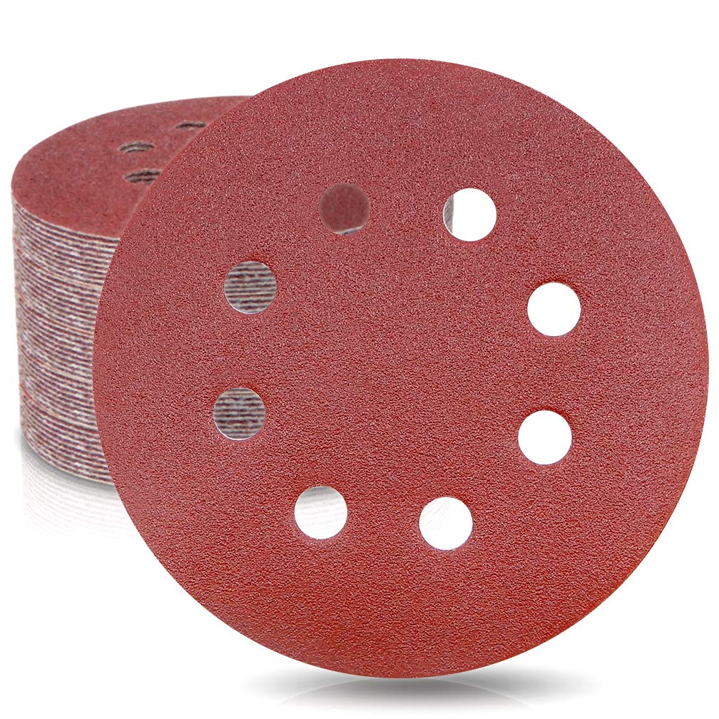 WooZuu 50 Pcs 125mm Sanding Discs, 5 Inch Hook and Loop Sanding Discs 120 Grit Sanding Pads For Random Orbital Sander, 8 Holes Orbital Sander Discs Sandpaper For Sanding and Polishing Wood Walls Metal