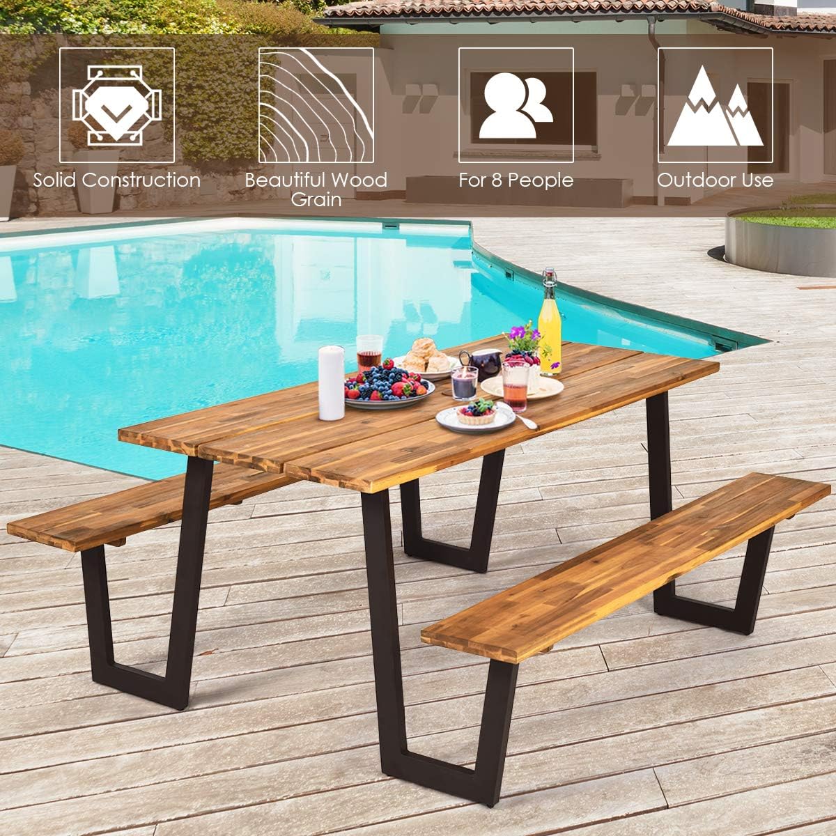 Giantex Picnic Table Bench Set with Umbrella Hole, Outdoor Dining Table Set, 70” Acacia Wood Picnic Beer Table with Metal Frame (Natural & Black): Kitchen & Dining