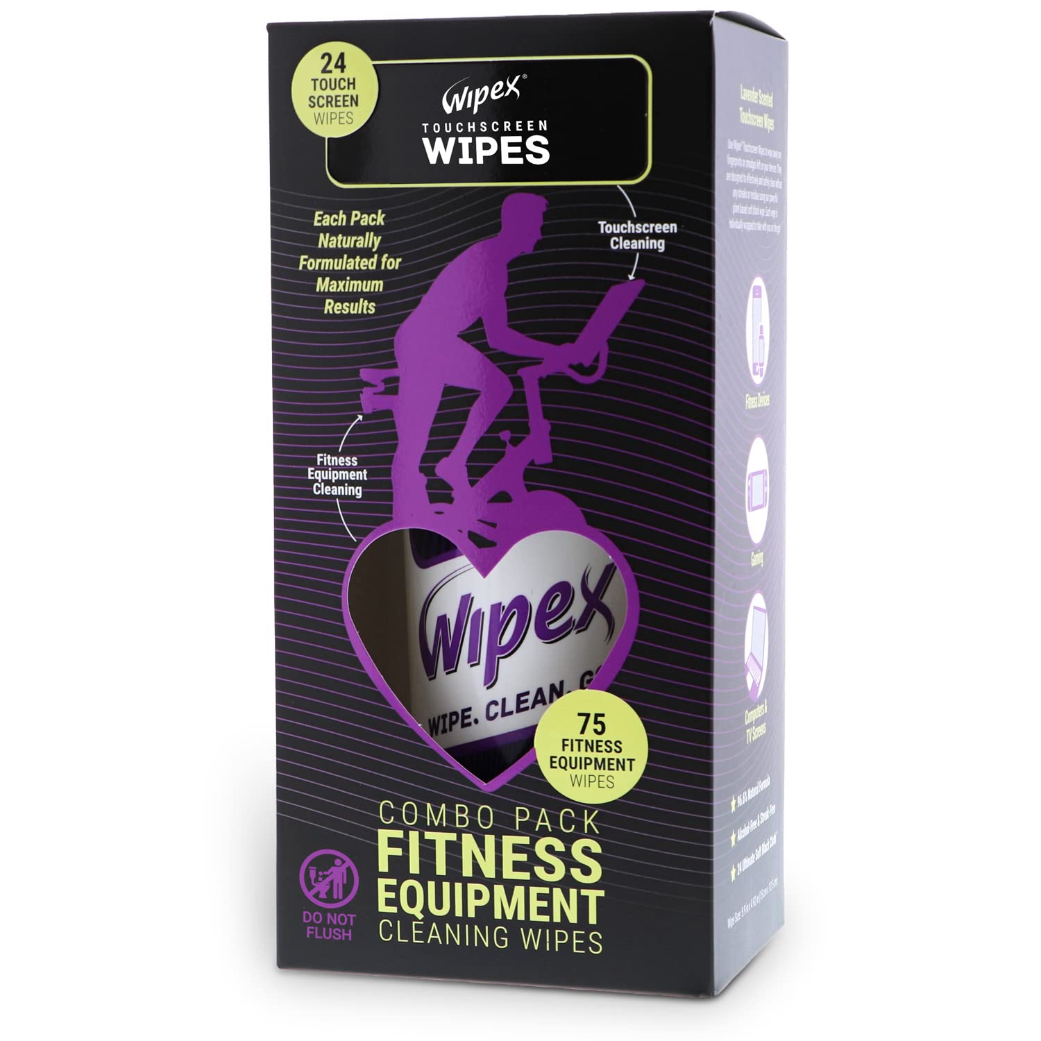 Wipex Screen Wipes & Gym Wipes Combo Pack - 75ct Gym Equipment Wipe Canister & 24ct Individually Wrapped Fitness Touch Screen Sachettes, Safe for Yoga Mats & Electronics, Lavender Scent