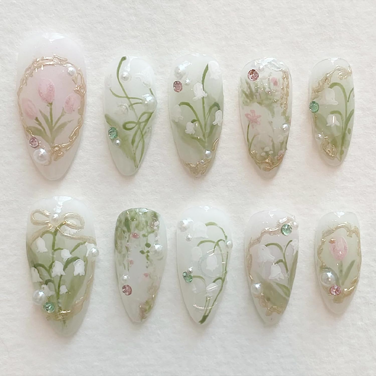 24Pcs Flower Press on Nails Medium Almond Fake Nails Tulip Orchid Design Artificial Acrylic Nails with 3D Rhinestones Pearl False Nails White Floral Glue on Nails Spring Stick on Nails Kit for Women
