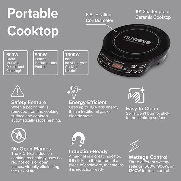 NUWAVE FLEX PRECISION INDUCTION COOKTOP, 10.25” SHATTER-PROOF CERAMIC GLASS, 6.5” HEATING COIL, 45 TEMPS FROM 100°F TO 500°F, 3 WATTAGE SETTINGS 600, 900 & 1300 WATTS, BLACK