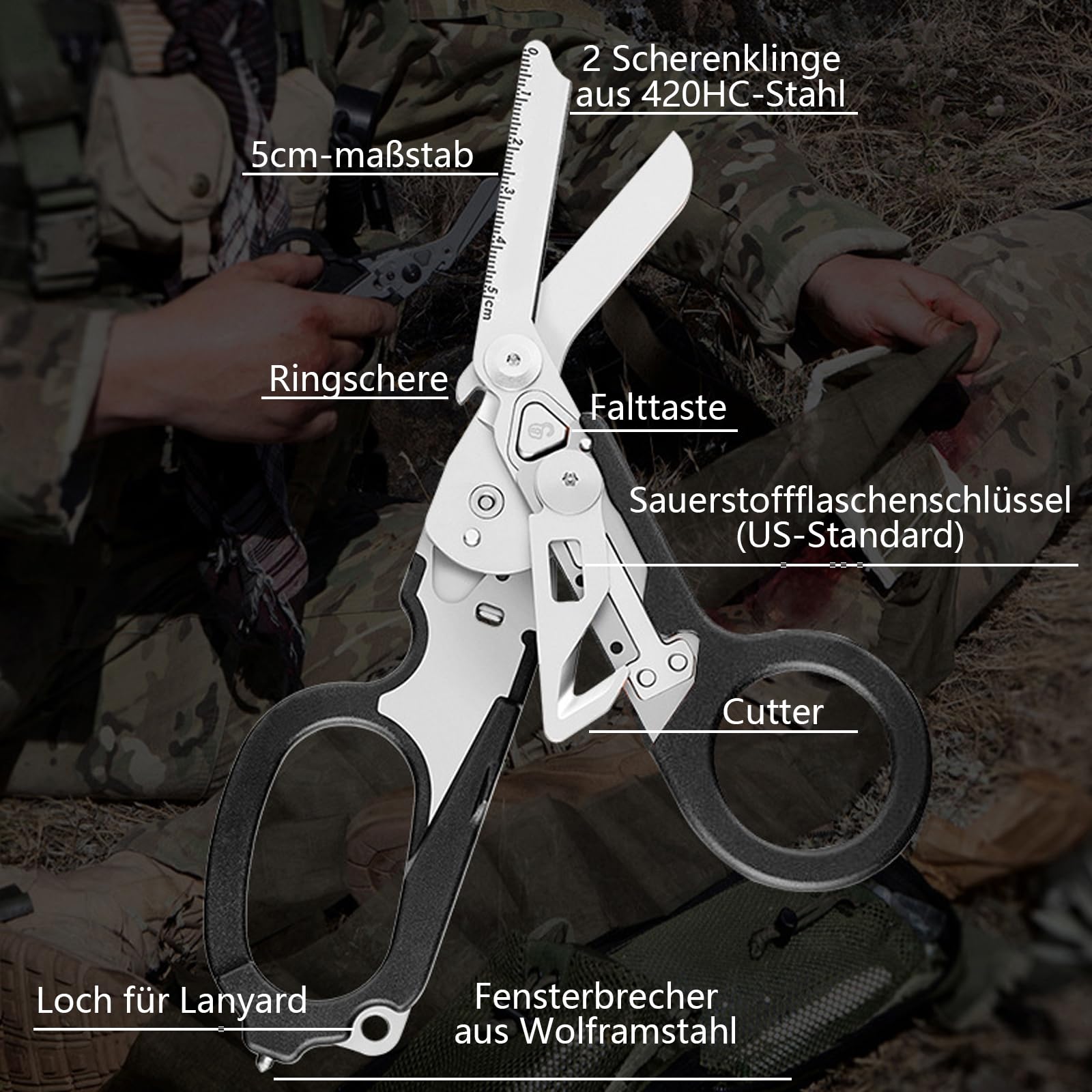Trauma Schere Multitool Rettungsschere mit 6 Praktischen Funktionen Faltbare Scherenzange aus Edelstahl - Ideal für Professionellen Einsatz Im Rettungsdienst Oder Alltägliche Aufgaben 2