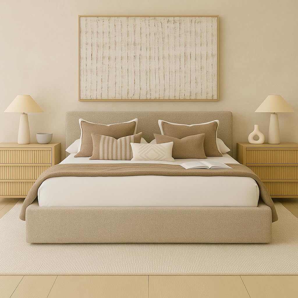 Photo 1 of Cloud Bed Washable Unzippable Upholstered Soft Foam - RH- Square Frames- White Linen, Beige, Taupe, Black, Gray, Brown, Cream Boucle- 9 inch Box Spring-King-Queen (Beige Linen, Queen Base)