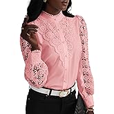 Rooscier Women's Lace Crochet Mock Neck Long Sleeve Button Elegant Blouse Shirt Top