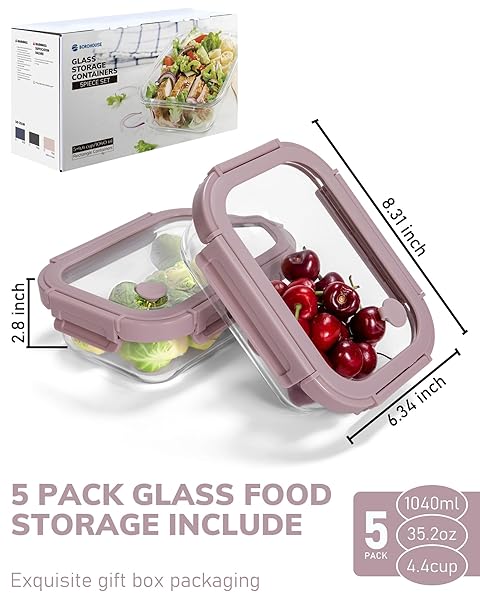 BOROHOUSE 5-PACK BOROSILICATE GLASS CONTAINERS WITH TEMPERED LIDS, 35.2OZ/4.4 CUP AIRTIGHT MEAL PREP SET, MICROWAVE/FREEZER SAFE (PINK)