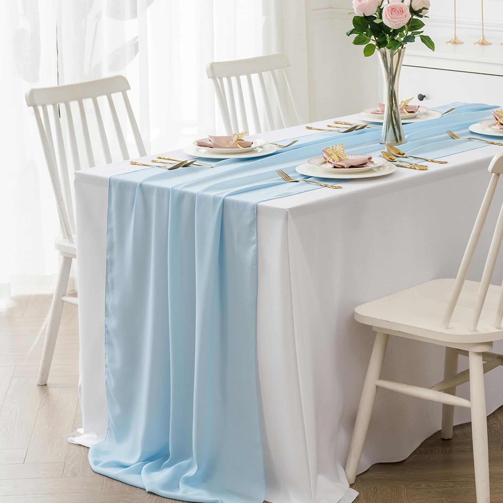 Photo 1 of 12 Pack Chiffon Table Runner 14x108 Inch Long 9ft Sheer Table Runners for Party Romantic Wedding Bridal Shower Fall Decorations-Blue Mist