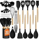 33Pcs Kitchen Utensils Set Silicone Cooking Utensils Set with Wooden Handle | Heat-Resistant, Dishwasher Safe, BPA-Free Silicone Kitchen Utensil Set with Wooden Handles &amp; Holder for Nonstick Cookware