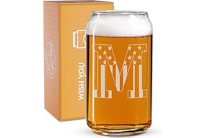 ON THE ROX Monogram Beer Glasses for Men (A-Z) 16 oz - Beer Gifts for Men Brother Son Dad Neighbor - Unique Gifts for Him - Personalized Drinking Gift Beer Glass Mugs - Engraved Beer Can Glass (M)