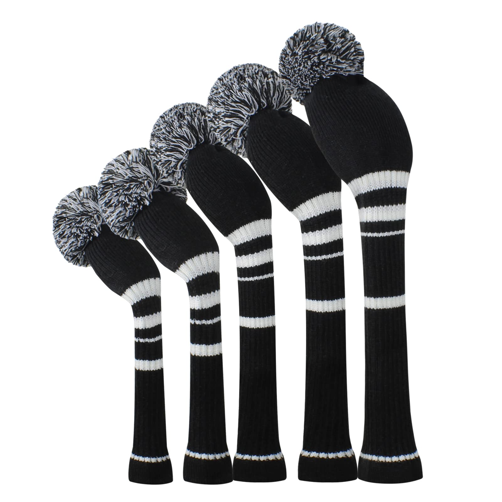 Black Stripes Golf Head Covers for Woods 5 PCS Knit Golf Club Cover Driver Cover*1 Fairway Wood*2 Hybrid (UT)*2 Old-school Style, Big Pom-poms, Best Gift for Golfers