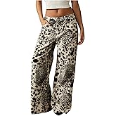 WDIRARA Women's Leopard Baggy Jeans Low Rise Wide Leg Denim Pants Streetwear