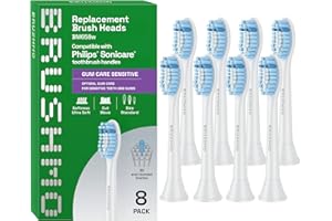 Brushmo Gum Care Sensitive Replacement Toothbrush Heads, Compatible with Philips Sonicare Click-on Toothbrush Handles, 8 Standard Heads, Extra Soft Dupont Bristles for Sensitive Teeth, BM658, White