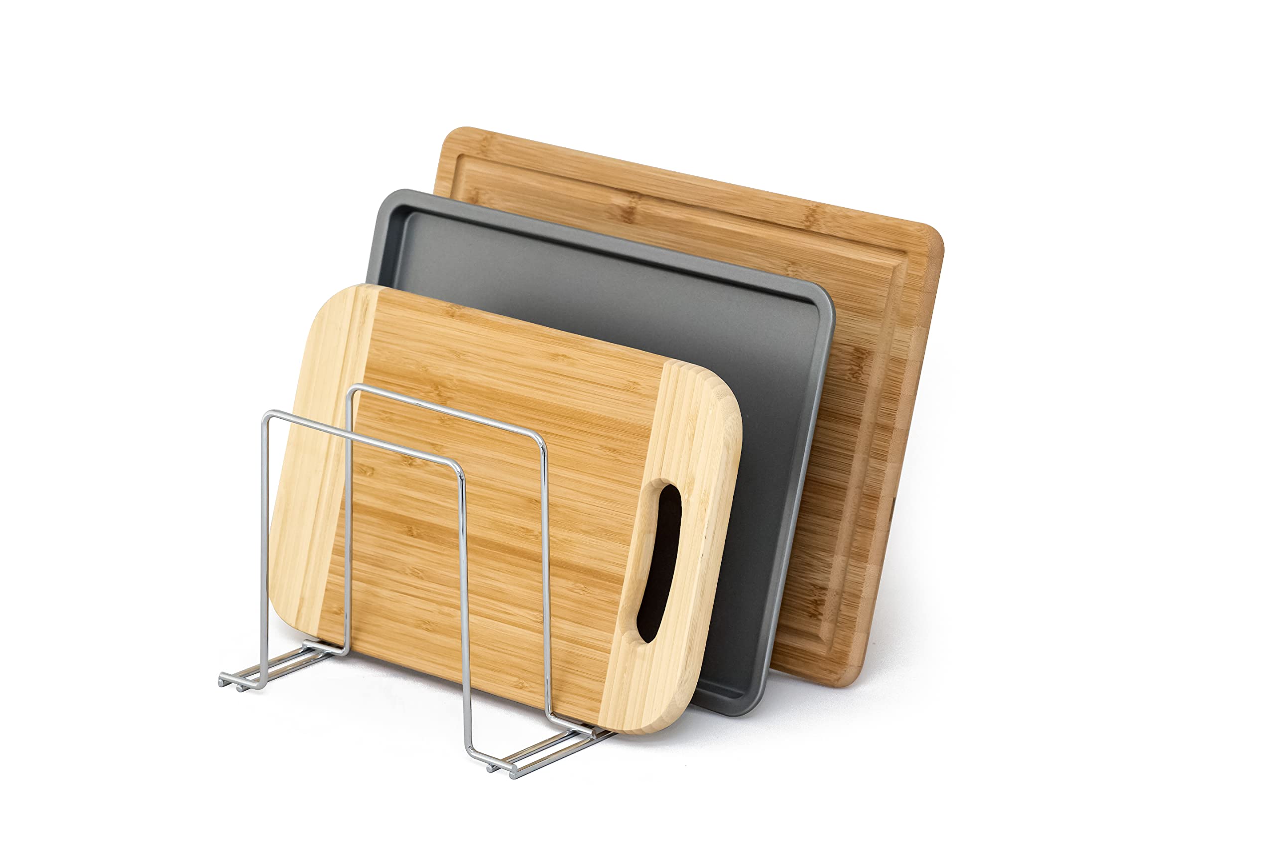 simplywire – Baking Tray and Chopping Board Rack - Pan Storage - Kitchen Cupboard Organiser – Chrome Coated Steel