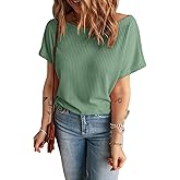 KINLONSAIR Womens Basic T Shirts Summer Tops 2026 Short Sleeve Casual Loose fit Waffle Tops Boat Neck Tee