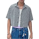 VIPWOLF Men's Plaid Shirts Gingham Short Sleeve Button Down Crop Tee Tops