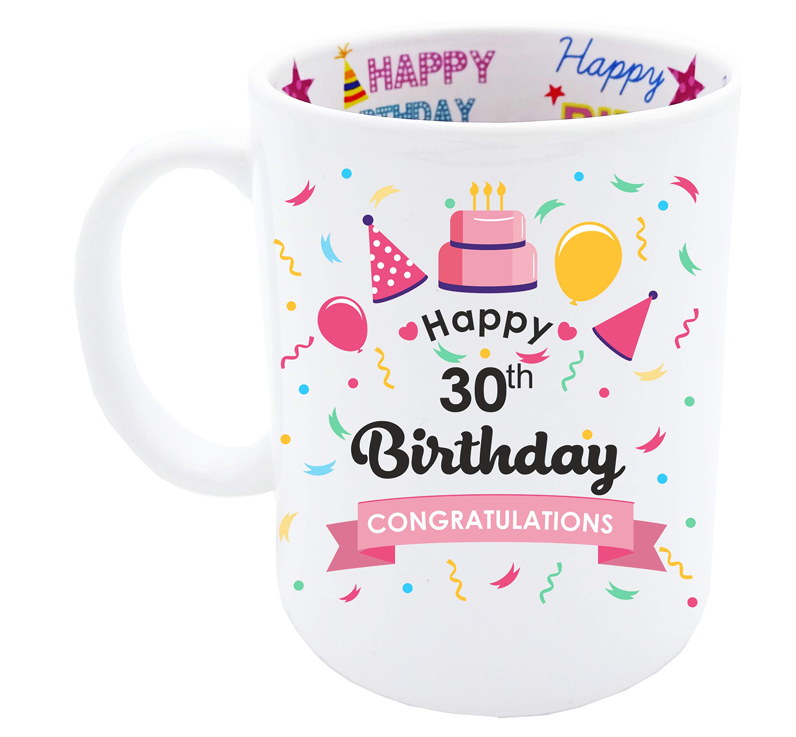 Mainly Mugs 30th Birthday Gift Keepsake for Women Pink Happy Birthday Design Also with Print Inside Coffee Mug