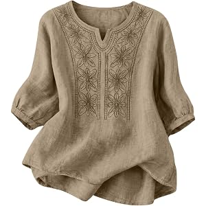 Nantdog Linen Embroidered Tops for Women Boho Cotton Gauze Peasant Blouse Lightweight Breathable Shirts Loose Summer Clothing