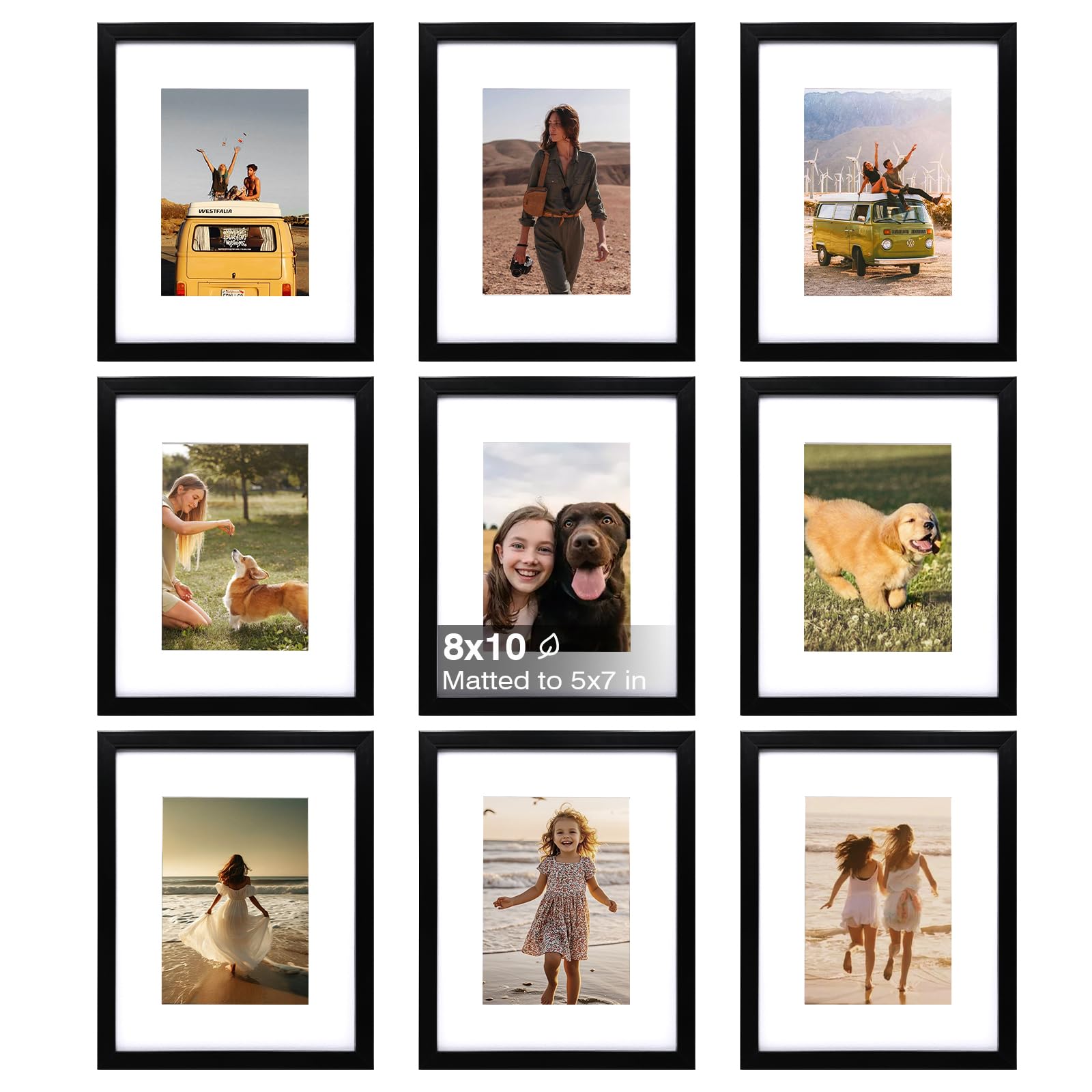 Photo 1 of KINLINK 8x10 Picture Frame Set of 9, Wooden 10x8 Photo Frames with Plexiglass for 5x7 Pictures with Mat or 8x10 Without Mat, Art Collage for Wall Gallery and Tabletop Display, 8 x 10 Frame Black